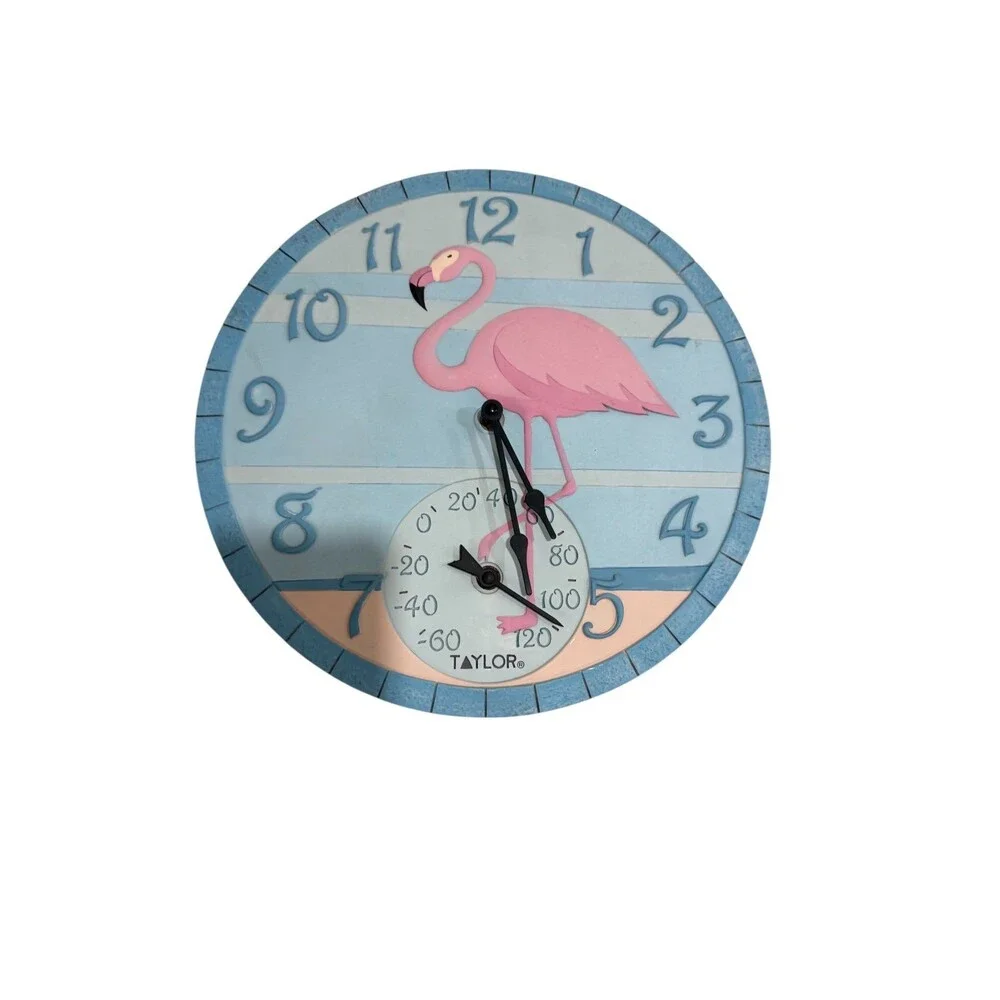 Wall Clock Taylor Reloj de Pared Flamingo + Termómetro – Tropical – 13.5”